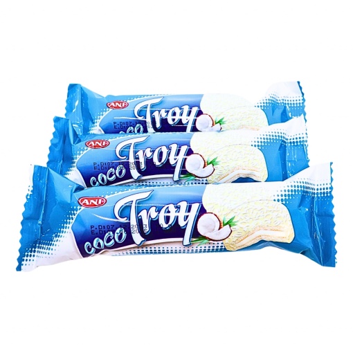 Biscuiti marshmallow crema glazura cocos ciocolata alba Coco Troy 50 g, 24 buc