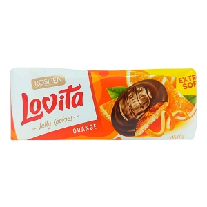 Biscuiti glazurati cu ciocolata si jeleu de portocale Roshen Lovita 135 g - Img 1
