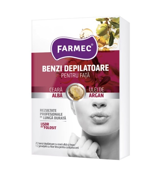 Benzi depilatoare pentru fata cu ceara alba si argan, 10 x 2 buc, Farmec