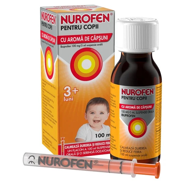 Nurofen cu aroma de capsuni pentru copii 3+ luni, 100 mg/5ml, 100ml, Reckitt Benckiser