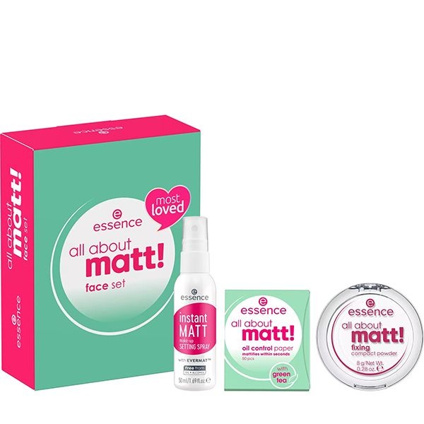 Set 3 bucati All About Matt! Face, Spray Fixare, Pudra Compacta, Servetele, Essence