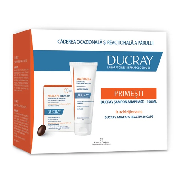 Pachet Supliment pentru par si unghii Anacaps Reactiv, 30 capsule + Sampon fortifiant si revitalizant Anaphase, 100 ml, Ducray