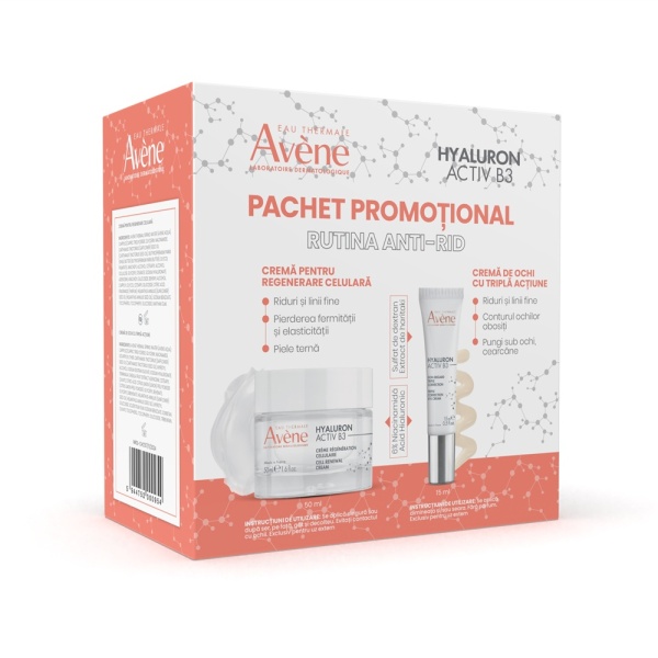 Set Crema pentru regenerare celulara Hyaluron Activ B3, 50ml + Crema de ochi cu tripla actiune Hyaluron Activ B3, 15ml, Avene