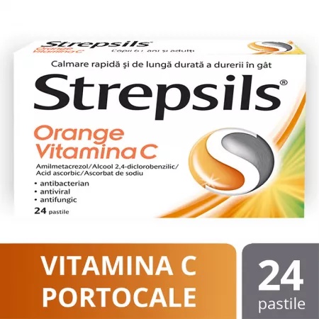 Strepsils Orange Vitamina C, 24 comprimate, Reckitt Benckiser