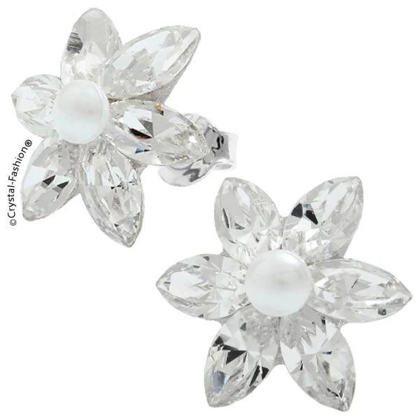 Cercei Navette Flower cu cristale și perl, 15 mm S/0156, Crystal