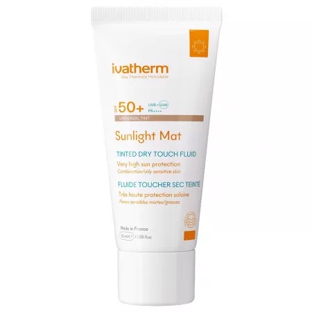 Fluid matifiant colorat cu protectie solara SPF50+ Sunlight Mat Tinted Dry Touch, 50ml, Ivatherm
