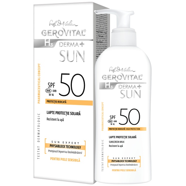 Lapte pentru protectie solara cu SPF 50 H3 Derma+ Sun, 150ml, Gerovital