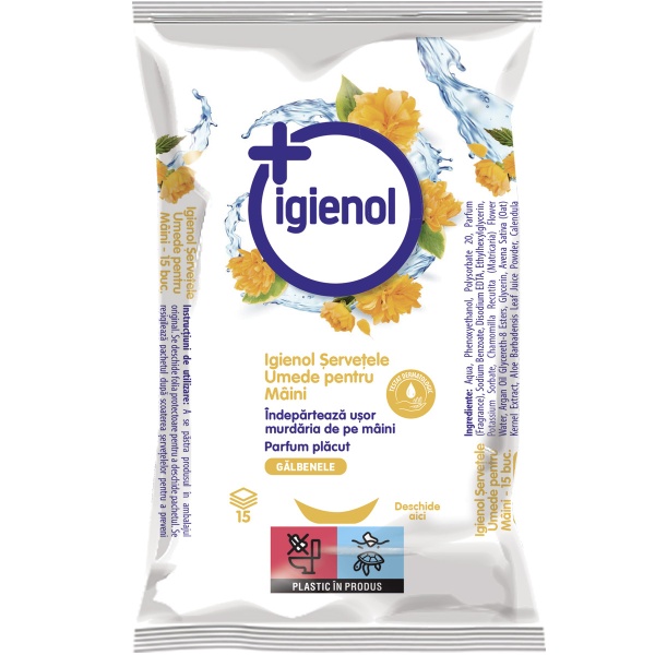 Servetele umede pentru maini, 15 bucati, galbenele, Igienol
