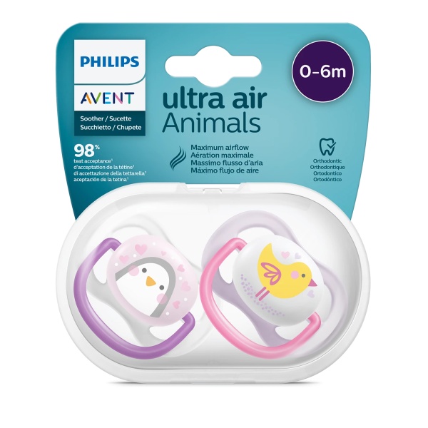 Suzete Ultra Air design figurine pentru Fetite 0-6 luni, SCF080/06, 2 bucati, Philips Avent