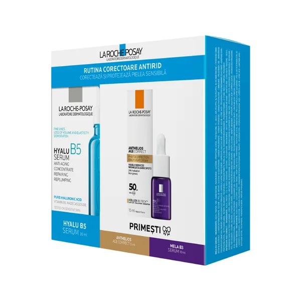 Pachet Hyalu B5 Serum 30 ml + Mini Anthelios Age Correct 15 ml + Mini Mela B3 Serum 10 ml, La Roche-Posay