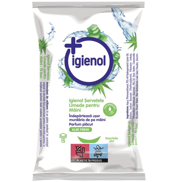 Servetele umede pentru maini, 15 bucati, aloe vera, Igienol