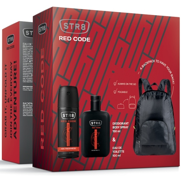 Set cadou STR8 RED CODE, Barbati: Apa de toaleta, 100 ml + Deodorant spray pentru corp, 150 ml + ghiozdan cadou