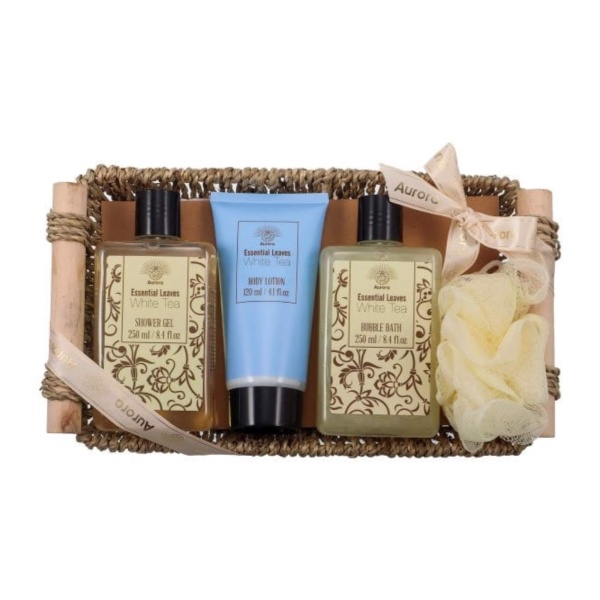 Set White Tea 4 produse într-un coș de răchită, Aurora