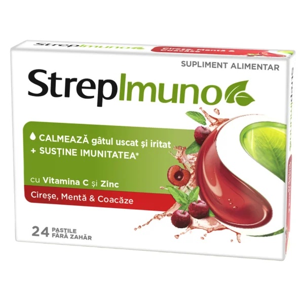 StrepImuno cu cirese, menta si coacaze fara zahar, 24 comprimate de supt, Reckitt