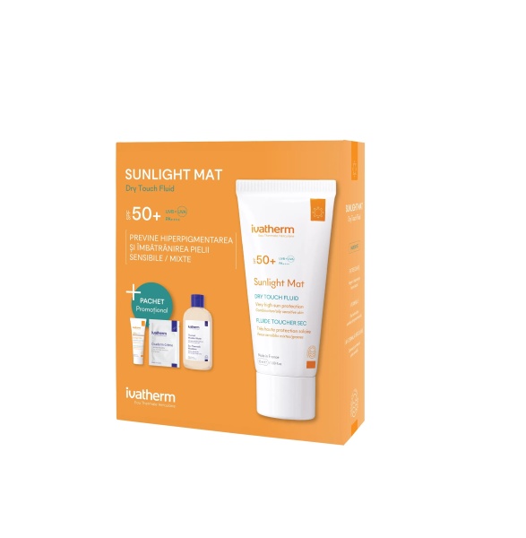 Fluid matifiant Sunlight Dry touch SPF50+, 50ml + Lotiune micelara pentru piele sensibila, 100ml, Ivatherm