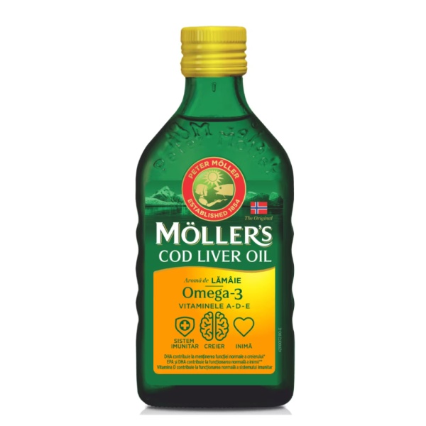 Ulei din ficat de cod cu gust de lamaie, 250ml, Moller's