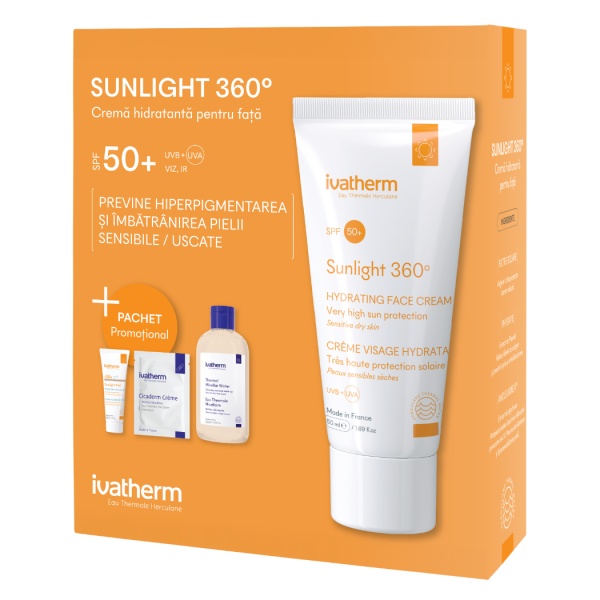 Crema hidratanta de fata cu SPF50 Sunlight 360, 50ml + Lotiune micelara pentru piele sensibila, 100ml, Ivatherm