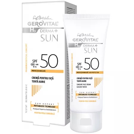Crema pentru fata SPF 50 tenta aurie H3 Derma+ Sun, 50 ml, Gerovital