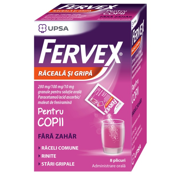 Fervex pentru copii fara zahar, 8 plicuri, Upsa