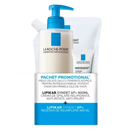 Pachet Crema de spalare + Rezerva+ Balsam Light AP+M Lipikar Syndet AP+, 2x400 ml + 15 ml, La Roche-Posay