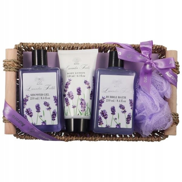 Set cadou cu lavandă, 4 produse cosmetice, în coș mare de răchită, Aurora