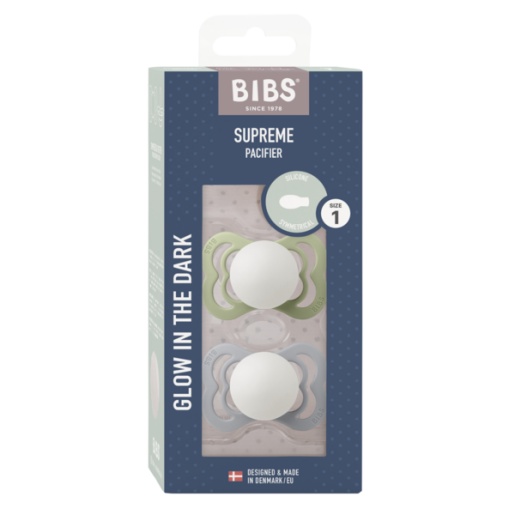 Suzete din silicon cu tetina simetrica, Supreme Fosforescente Glow, 0 luni+ Sage - Cloud, 2 bucati, Bibs