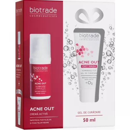 Pachet Acne Out Active Cream + Acne Out Oxy Wash, 30 ml + 50 ml, Biotrade