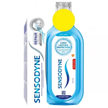 Pachet Pasta de dinti Repair & Protect Whitening, 75 ml + Apa de gura Cool Mint, 500 ml, Sensodyne