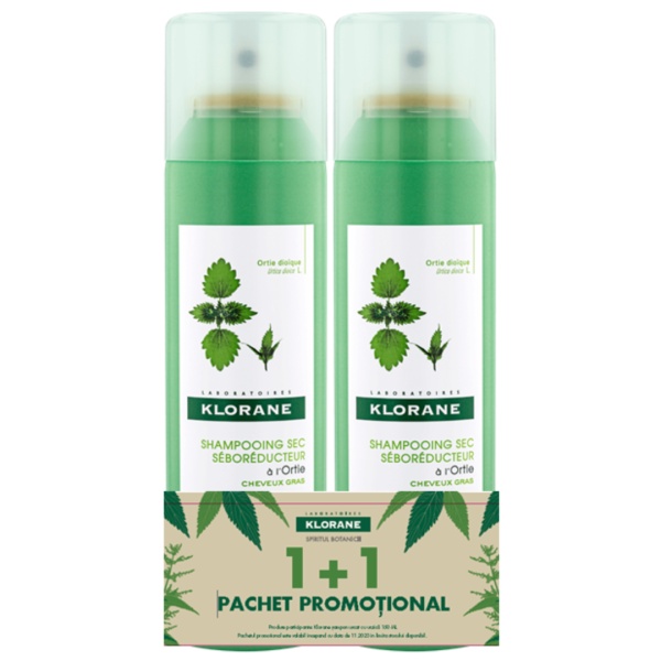 Pachet Sampon uscat cu extract de urzica, 150 ml + 150 ml, Klorane