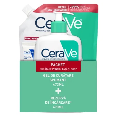 Pachet CeraVe: Gel spumant de curățare 473 ml + Refill 473 ml + Loțiune hidratantă 5 ml