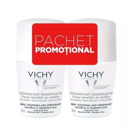 Pachet Deodorant roll-on antiperspirant fara parfum 48h, 50 ml + 50 ml, Vichy