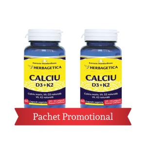 Pachet Calciu natural cu Vitamina D3 și K2 MK-7, 60 + 60 capsule vegetale, Herbagetica