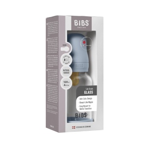 Set complet biberon din sticlă anticolic, tetină latex flux lent, 120 ml, Baby Blue, Baby