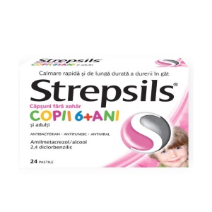 Strepsils cu aroma de capsuni fara zahar copii 6+ ani, 24 pastile, Reckitt Benckiser