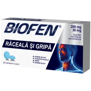 Biofen raceala si gripa 200 mg/30 mg, 20 comprimate filmate, Biofarm