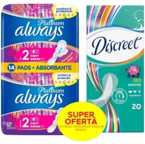 Pachet Absorbante Always Platinum Super, 14 bucati si Absorbante zilnice Discreet, 20 bucati, P&G