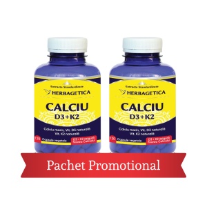 Pachet Calciu natural cu Vitamina D3 și K2 MK-7, 120 + 120 capsule vegetale, Herbagetica