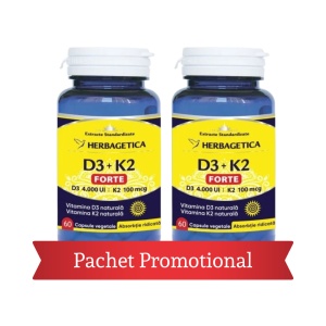 Pachet promotional Vitamina D3 + K2 Forte, 60 + 60 capsule, Herbagetica