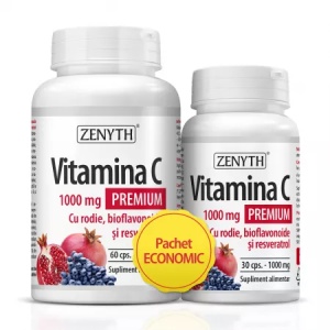 Pachet Vitamina C Premium cu rodie, 1000mg, 60+30 capsule cadou, Zenyth