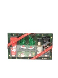 Set cosmetice de Crăciun cu lotiune de corp, exfoliant, spray de corp, saruri de baie si agrafe, Setablu