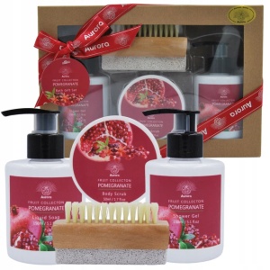Set cosmetice Exotic Crush Rodie gel de dus 150 ml, sapun lichid 150 ml, exfoliant 50 si perie, Aurora - Img 2
