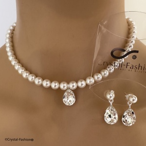 Set Wanda: colier și cercei cu perle de 6 mm și cristal pară 14 mm, Crystal-Fashion