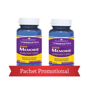 Pachet Super Memorie cu Bacopa, Ginkgo Biloba, Ginseng și Ashwagandha, 30 + 30 capsule, Herbagetica