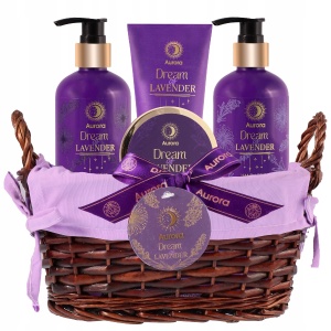 Set cosmetice Dream of Lavender, crema de maini 250 ml, lotiune de corp 120 ml, sapun 250 ml, unt de corp 100 ml si un cos din rachita, Aurora