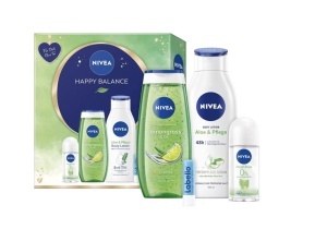 SetHappy Balance, gel de dus 250 ml, lotiune de corp 400 ml, deodorant roll-on 50 ml si Labello Hydro Care 5 ml, Nivea