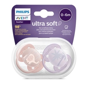 Suzete Ultra Soft 0-6 luni, Roz si Mov cu Desen, SCF091/09, 2 bucati, Philips Avent