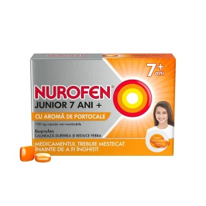 Nurofen Junior 7 ani+ 100 mg cu aroma de portocale, 24 capsule moi masticabile, Reckitt Benckise