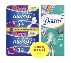 Pachet Absorbante Always Platinum Ultra Night, 12 bucati si Absorbante zilnice Discreet, 20 bucati, P&G