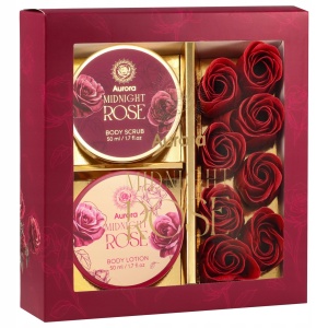 Set cosmetice crema de corp 60 ml, scrub de corp 60 ml si 8 flori de sapun, Aurora