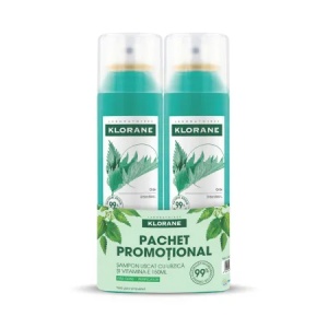 Pachet sampon uscat pentru par gras cu Vitamina E si Urzica BIO, 2 x 150 ml, Klorane